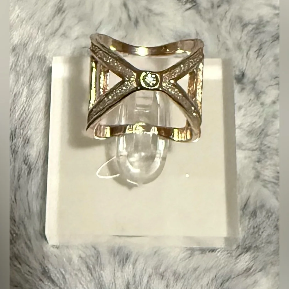 Elegant Rose Gold CZ Cocktail Statement Ring | Geometric Criss Cross | Size 6